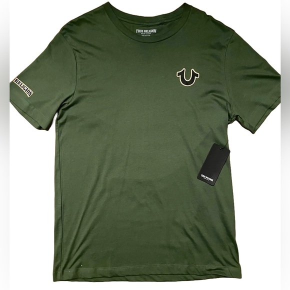 True Religion Bronze Green Tri Arch Logo Short Sleeve LG - Picture 1 of 7